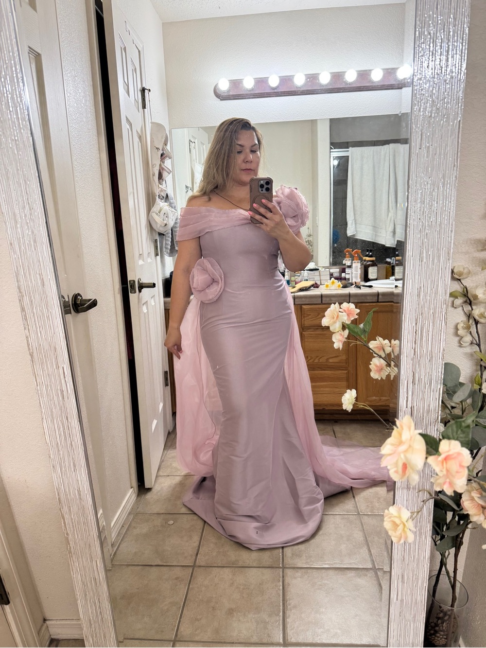 Terani Couture One-Shoulder Blush Pink Mermaid Gown with Rosette Detail - Picture 7 of 10